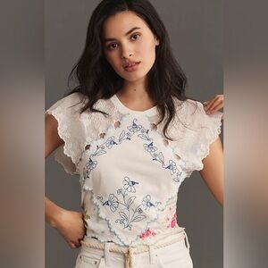 Anthropologie White and Blue Embroidered Blouse